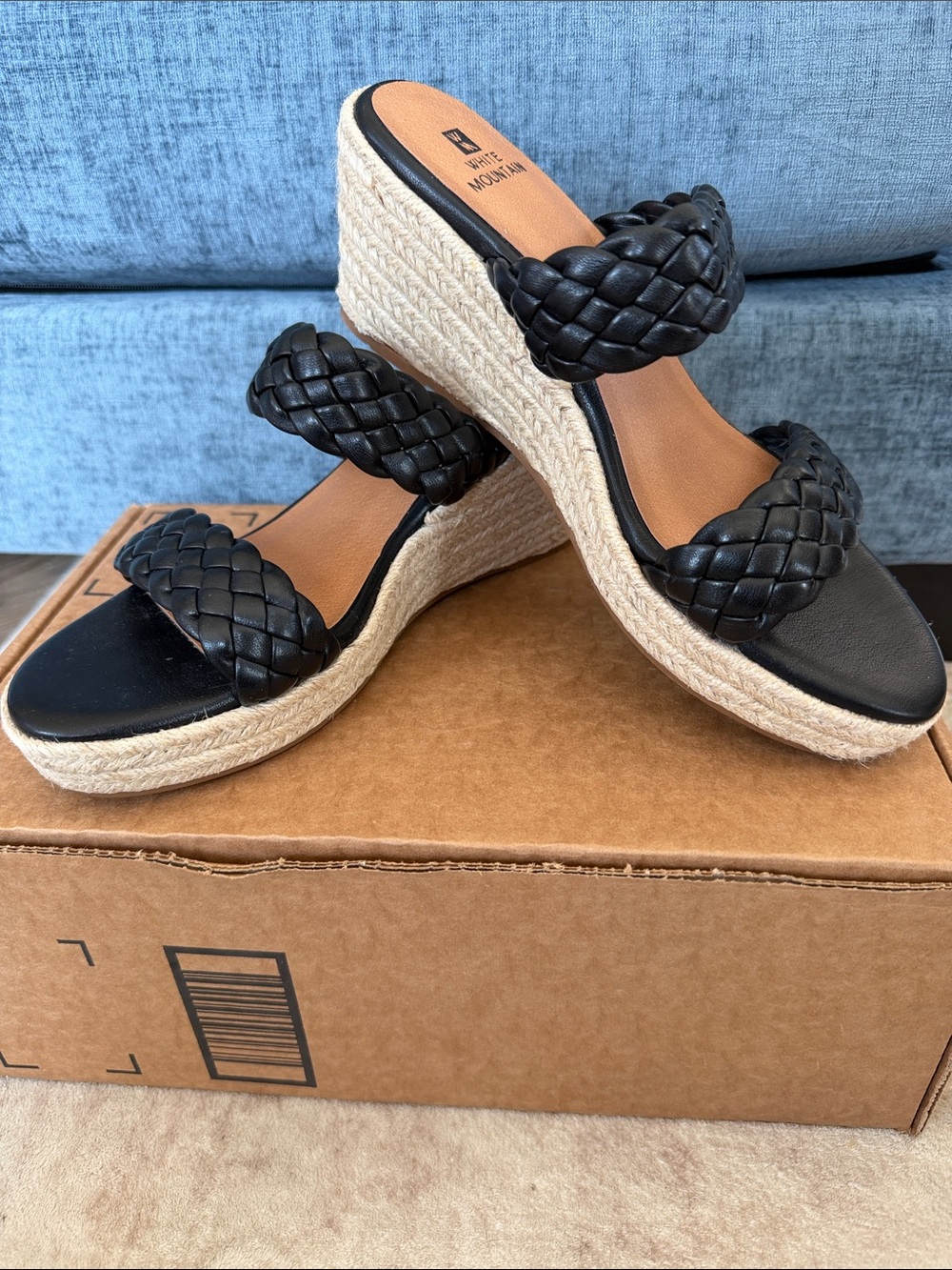 White Mountain Black Yoyo Braided Espadrille Wedge Sandals
